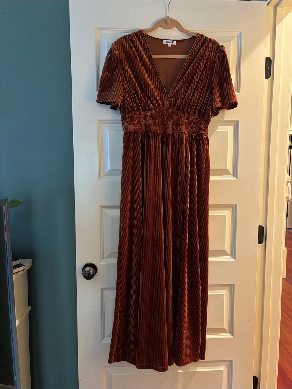 Smocked V-Neck Velvet Maxi Dress in Rust Orange